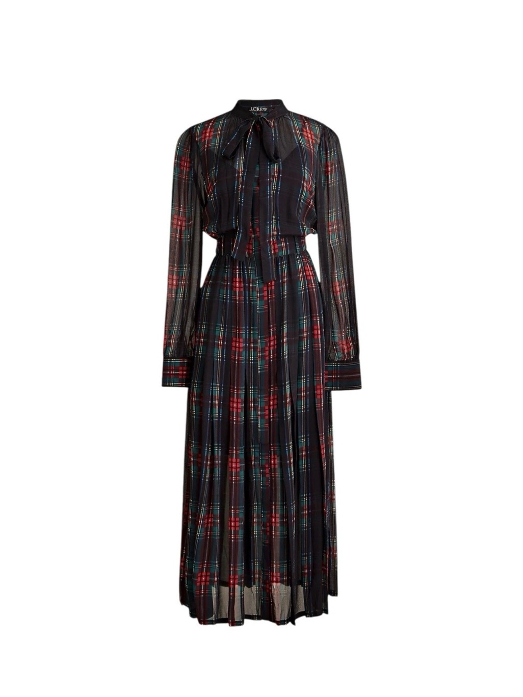 J. Crew Black Plaid Tie-Neck Maxi Dress With Red & Green Accents